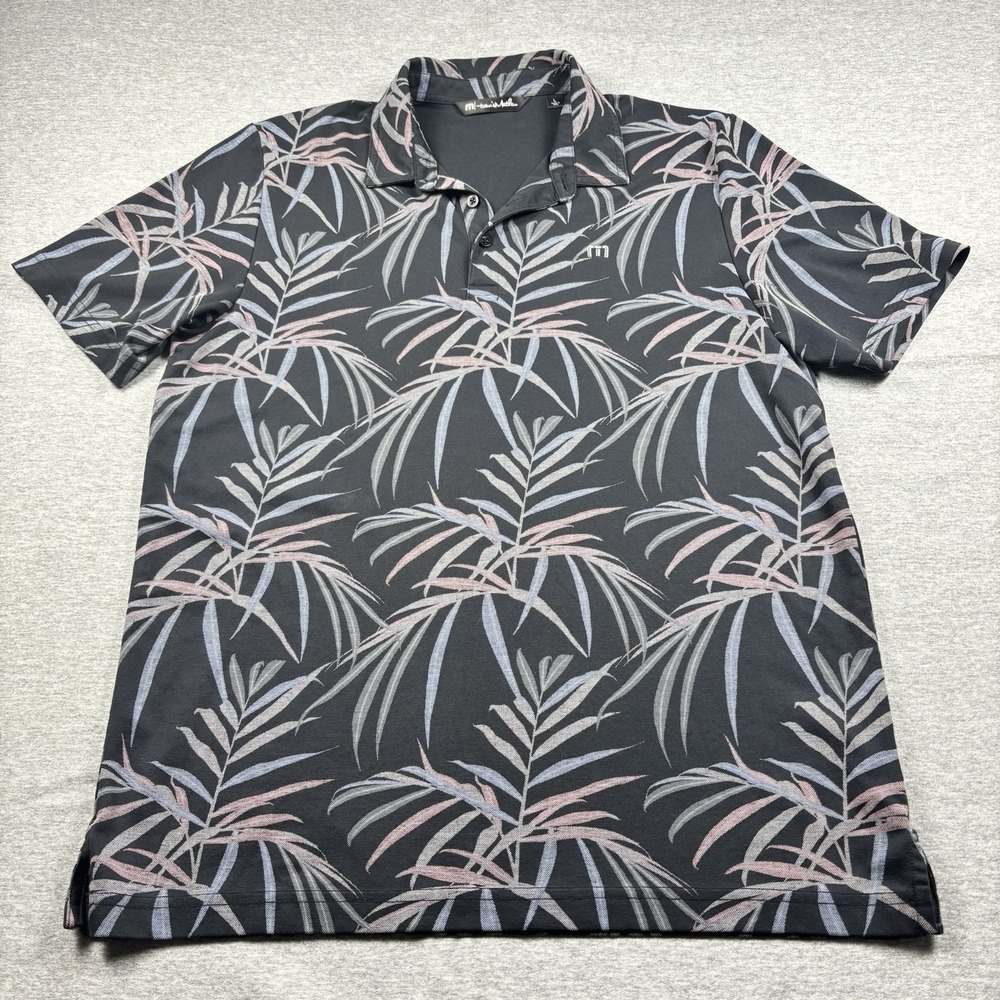 Travis Mathew Mens Large Black Buzz Words Palm Leaf Pima Cotton Golf Polo Peru‎